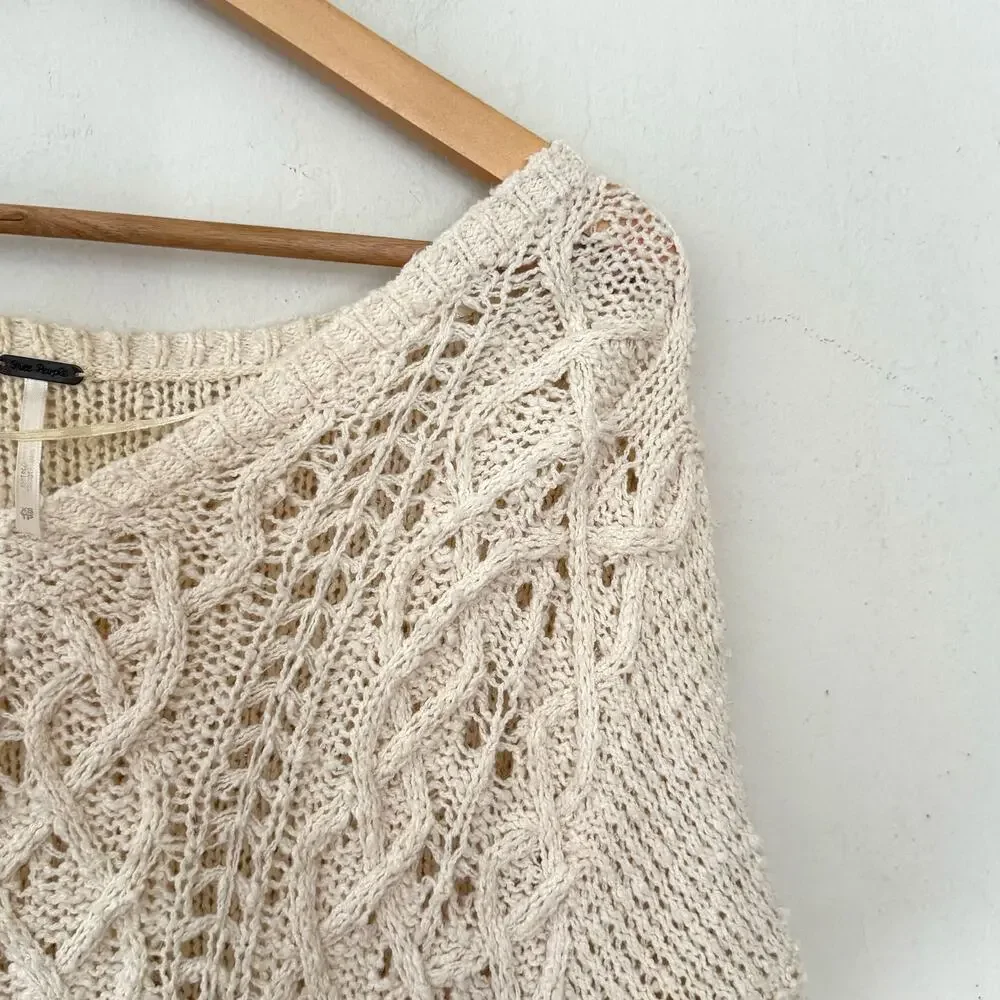 Free People Open Knit Cream Sweater‎ Size XS Boho High Low Lightweight Festival